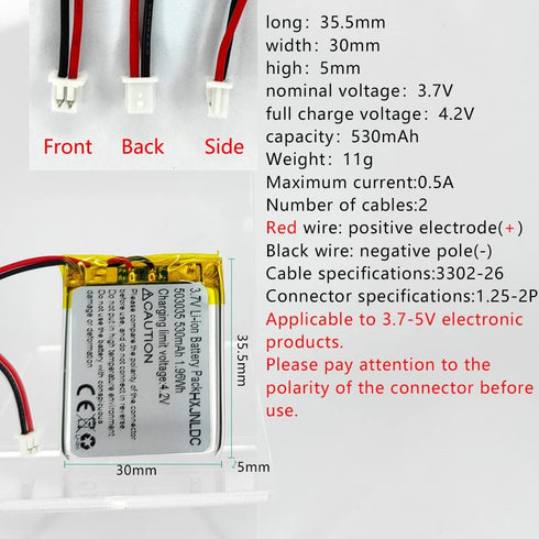 DC 3.7V 530mAh 503035 Rechargeable Lithium Polymer Replacement Battery for DIY 3.7-5V Electronic Product, Mobile Energy Storage Power Supply,Doorb...