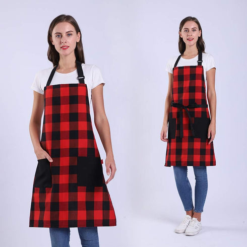 Chef Bib Apron for Men Women, Christmas Gift, Kitchen Cooking Apron with 2 Pockets, 40" Long Ties and Adjustable Neck Strap - 32" x 28" - Red/Blac...
