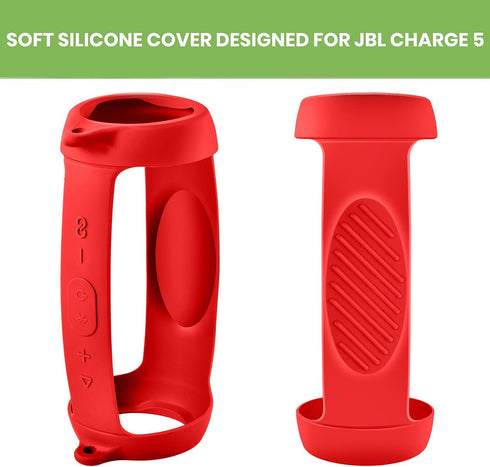 Silicone Case Cover for JBL Charge 5 Waterproof Portable Bluetooth Speaker, Protective Soft Skin Rubber Carrying Travel Pouch with Strap & Carabin...