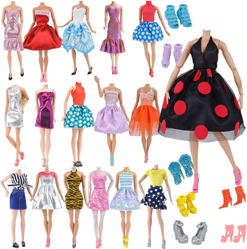E-TING Lot 15pcs = 5 Sets Fashion Handmade Short Skirt Mini Dress with 10 Pairs Shoes for 11.5-inch Girl Doll Random Style...