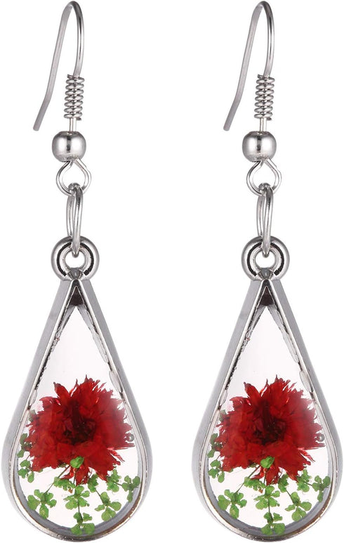 Red Turquoise Pressed Flowers Teardrop Drop Dangle Earrings Pendant Necklace Jewelry Set, 2 Colors...