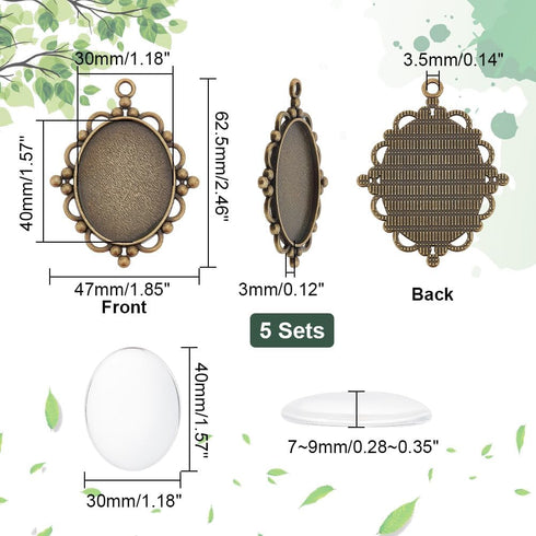 PH PandaHall 5pcs Pendant Tray Oval Charms Cabochon Bezel and 5pcs 40x30mm Glass Cabochon Dome Tiles Clear Cameo Memorial Photo Pendant for Bouque...
