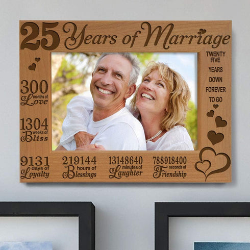 KATE POSH 25 Years of Marriage Engraved Natural Wood Frame, 25th Anniversary, Husband & Wife, 25 Years Down Forever to Go, Silver Wedding Annivers...