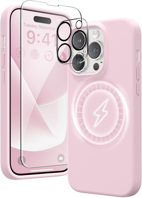 GONEZ for iPhone 14 Pro Max Case Silicone, Compatible with Magsafe, with 2X Screen Protector + 2X Camera Lens Protector, Liquid Silicone Shockproo...