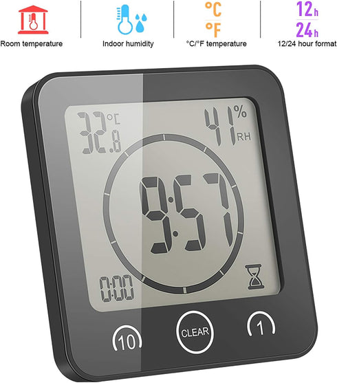 Shower Clock Waterproof Wall Clock Bathroom Clock Sunsbell Shower Cock Digital Temperature Humidity Display with Suction Cup, Touch Screen Timer for Kitchen Bathroom