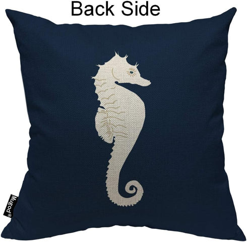 Mugod Sea Horse Decorative Throw Pillow Cover Case Marine Animal Cute Hippocampus White and Navy Blue Cotton Linen Pillow Cases Square Standard Cu...