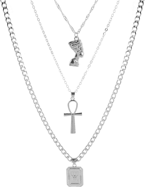 HUJUON 3-Layer Nefertiti Pharaoh Necklace. Punk Gold Egyptian Queen Cross Pendant Necklace,Hip Hop African Women Men Girl's Jewelry...