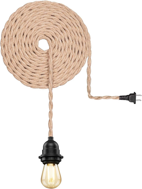 Industrial Weatherproof Ceiling Pendant Light Kit with Twisted Hemp Rope Hanging Lighting Cord Fixture 16.6FT Outdoor Chandelier for Industrial DI...