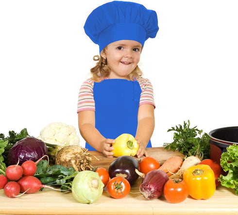 Kids Apron and Chef Hat Set, Adjustable Cotton Child Aprons with Large Pocket Blue Girls Boys Kitchen Bib Aprons for Cooking Baking Painting...