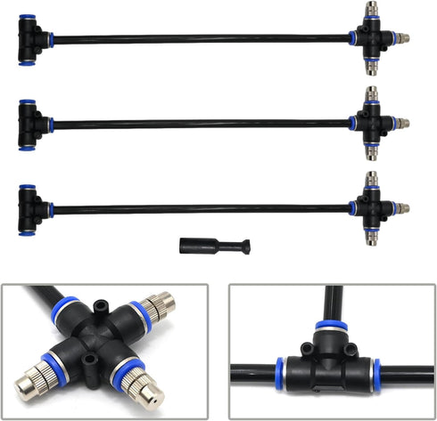 3 Pack 3 Way Brass Misting Nozzles Tee, w/ 13 in Length Built in Hose for Outdoor Watering System, Adjustable 360° Rotation Nozzles, Water Mister ...