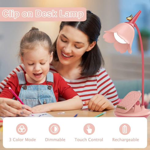 Pink Desk Lamp with Clamp, Rechargeable LED Small Desk Lamp, Adjustable Gooseneck, Dimmable Cute Desk Lamp for Kids Girls Bedroom Dorm Office?Ligh...