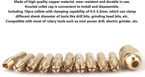 11pcs 4-jaw Copper Drill Chuck Collet Set for Mini Electric Grinder Rotate Tool 0.5-3.2mm Rotating Tool Accessories with Collet Cap...
