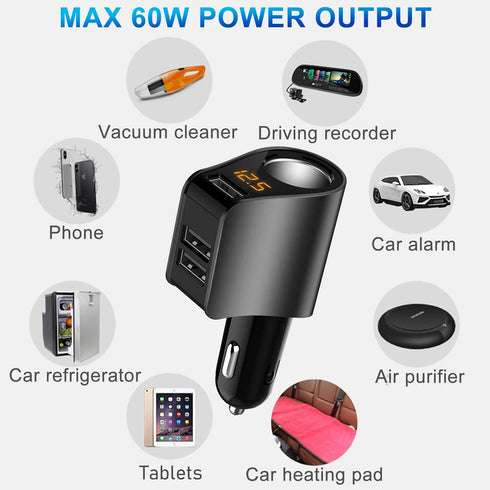 LIHAN Cigarette Lighter Socket Adapter, Car Charger fit for 12V/24V Outlet Plug Splitter with Multi USB Ports, Voltmeter Compatible for iPhone, Ga...