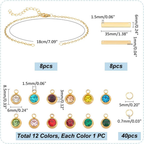 UNICRAFTALE 8 Sets Bracelet Making Kit Stainless Steel Blank Rectangle Link Bracelet with Birthstone Charms with 40pcs Jump Rings Bangles Bracelet...