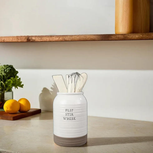 Young's Inc Ceramic Utensil Kitchen Caddy w/ 4 Utensils - Flip Whisk, Stir - Farmhouse Country Decor...