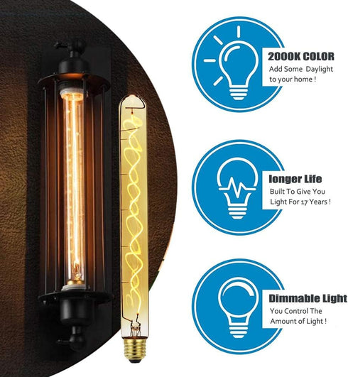 Long Test Tube Spiral Vintage Edison Filament Light Bulb?T10/T32 Medium (E26) Standard Base E27?4W 2200K 240LM Dimmable LED Edison Bulb,40W Equiva...
