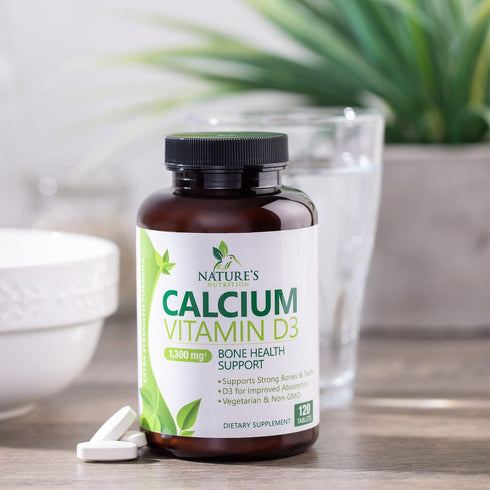 Calcium Supplement with Vitamin D - 1200 mg Calcium Carbonate with 1600 IU of D3 Vitamins - Supports Bone Strength, Teeth & Immune System - Natura...