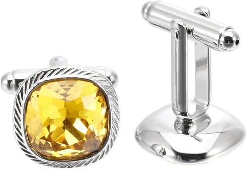 Yellow Zircon Gemstone Cufflinks for Men Lady In Gift Case Silver Square Men's Cufflinks Jewelry Set for Wedding Anniversary Business Party Events...