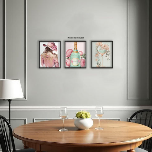 Posterizer 3 pcs-Pastel Pink and Baby Blue Champage and Woman-Floral Botanical Art-Abstract & Modern Art- Living Room Bedroom Decor- unframed wall...