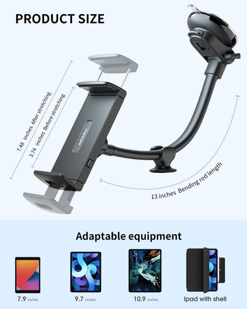 Tablet Car Mount Windshield Dashboard, Suction Cup Long Gooseneck Tablet Holder for Car, Truck, SUV, Compatible with 7-12.4 Inch Tablet/iPad/Samsu...