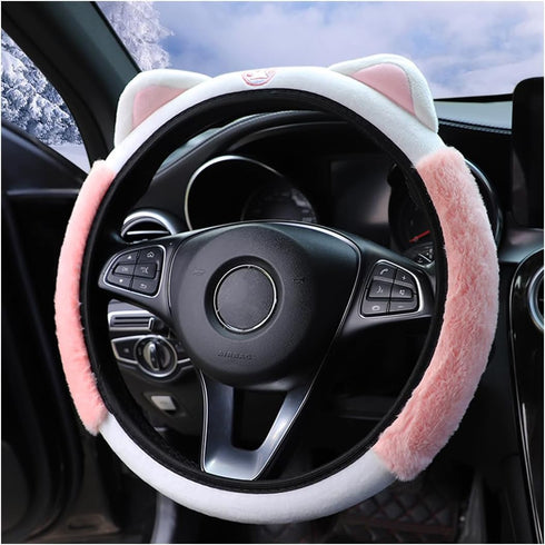 Car Steering Wheel Cover, Fluffy Soft Plush for Winter Warm, Cute Steering Wheel Protector with Kitty Cat Ears, Universal 15 Inch, Elastic & Anti-...