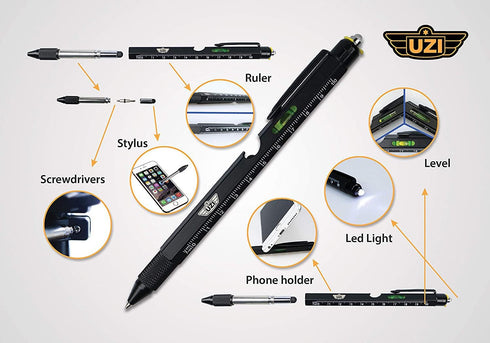 Uzi Tactical Utility Pen Features Screwdriver, Stylus, Ruler, Phone Holder, A Level, LED Light, Refillable Ballpoint Writing Tactical Pen, Black, ...