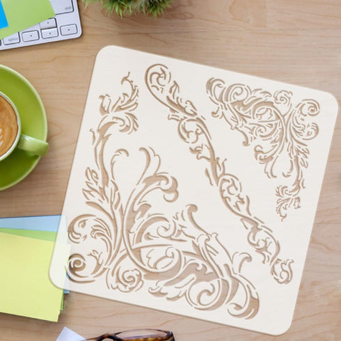 FINGERINSPIRE Ornate Corners Stencils 11.8x11.8 inch Corner Art Damask Border Painting Stencil Plastic Flowers Vine Patterns Stencil Reusable DIY ...