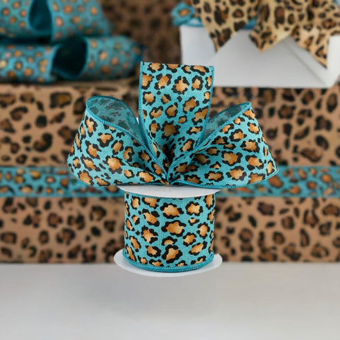Craig Bachman 2.5" Metallic Leopard Print Ribbon: 10 Yards (Light Teal) Craft Floral Arrangement Gift Wrapping Wired Edge Ribbon...