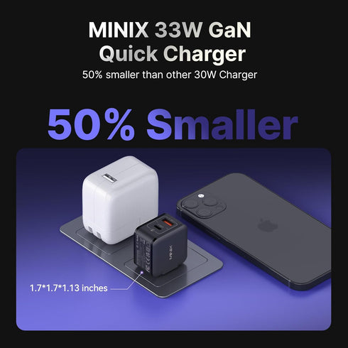MINIX NEO P1 Mini 33W PPS 2-Port GaN Charger 1 USB-C Port Fast Charger, 1 USB-A Port Quick Charger 3.0. Compatible with iPhone 8-15 Series, Galaxy...