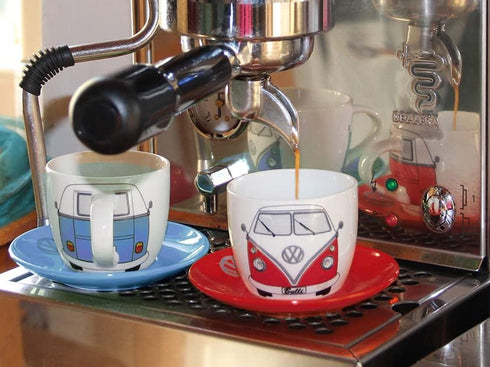 BRISA VW Collection - Volkswagen Espresso Cups Coffee-Tea-Cappuccino Set in T1 Bus Campervan Design (Bus Front/100ml/3.4 fl oz) (Set of 2 (red, bl...