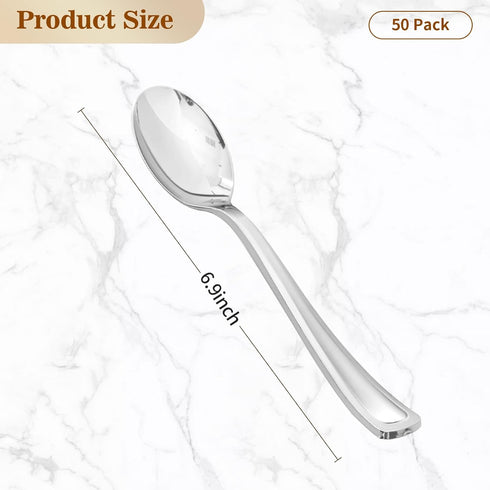 50 Pack 6.9 Inch Silver Plastic Spoons, Heavy Duty Plastic Silverware, Heavyweight Silver Disposable Spoons, Disposable Serving Utensils for Cater...