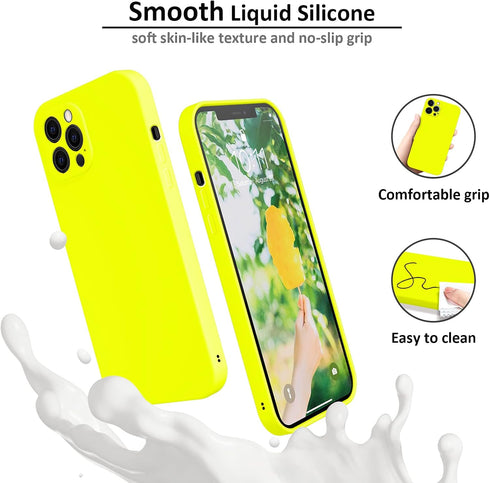 Compatible with iPhone 12 Pro Case Fluorescent Yellow, Soft Liquid Silicone Rubber Case Full-Body Protective Cover Case for iPhone 12 Pro, 6.1 inc...