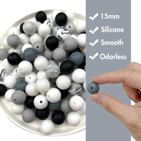 100pcs 15mm Silicone Beads,Bulk Rubber Beads for Keychain Making,Beads for Pen Bracelet Lanyard Making DIY kit (Achromatic)...