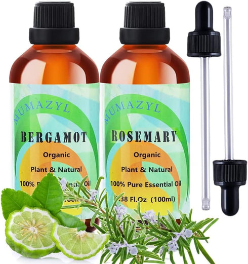 Rosemary Bergamot Essential Oil, Essential Oil Set for Diffuser Home Office Bedroom Bathroom Yoga Room Essential Oils, 100ml 2 Pack...