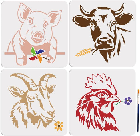 4pcs Pig Cow Goat Cock Stencil 11.8×11.8inch Large Farm Animals Stencil Reusable Windmill Flower Chicken Drawing Templates with Paint Brush for Fu...