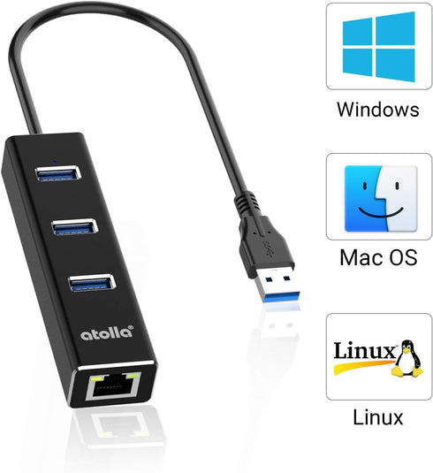 USB to Ethernet Adapter, atolla 3 Ports USB 3.0 Hub with 10/100/1000 Mbps LAN RJ45 Gigabit Network Adapter, Supports Windows 10/8/7, Mac OS, Linux...