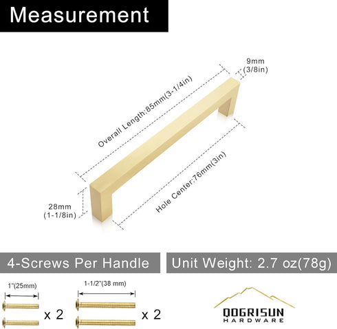 QOGRISUN 2-Pack Solid Brass Cabinet Pulls, Gold Square Drawer Handles, 3-inch Hole Center Kitchen Hardware for Dresser, Cupboard, Brushed Brass Fi...