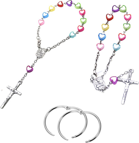 2 Pieces Car Rosary Chroma Love Heart Rearview Mirror Auto Rosary Religious Car Mirror Hanging Accessories Lourdes Med al and Cross for Car Person...