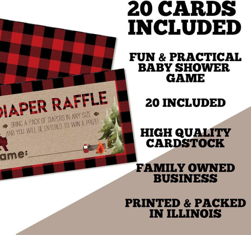 Amanda Creation Oh Boy! Outdoorsy Red and Black Plaid Lumberjack Diaper Raffle Tickets for Boy Baby Showers, 20 2" X 3” Double Sided Inserts, Brin...
