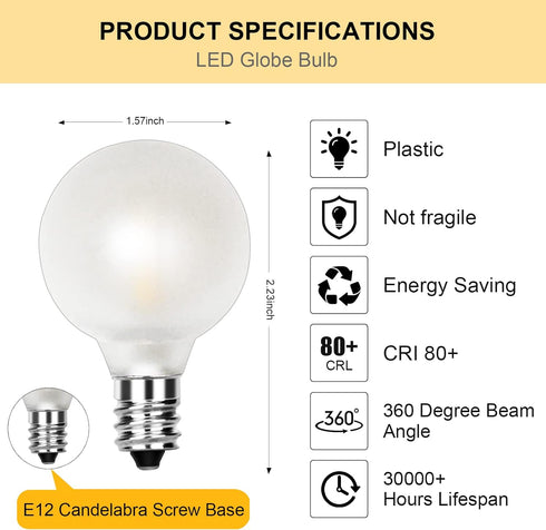 G40 Led Frosted White Replacement Light Bulbs, E12 Led Candelabra Globe Light Bulbs, 1.5 Inch Frosted String Lights Bulbs for Indoor Outdoor, 0.6 ...