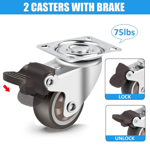 Nefish 1.5 Inch Caster Wheels Rubber Castor with Brake 360 Degree Rotation Top Plate Swivel Casters for Furniture, Table and Toolbox, 300 Pounds C...