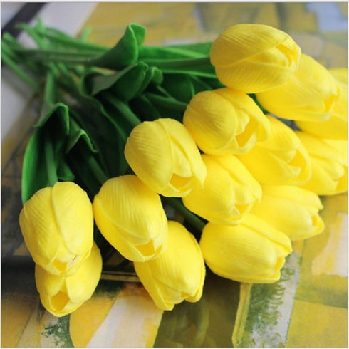 Artificial Tulips 10Pcs Real Touch Fake Tulips PU Flower Arrangement Bouquets for Home Party Decoration (Yellow)...
