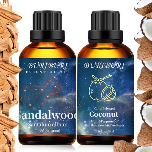 BURIBURI Pure Sandalwood Essential Oil and Coconut Oil 100ml Organic Aromatherapy Oils 3.38 fl.oz Coconut Essential Oil for Diffuser Humidifier...