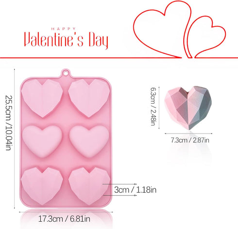 Valentine's Day Silicone Molds 2PCS Large 3D Diamond Heart Shape Chocolate Molds Soap Molds Cookie Cake Silicone Heart Molds for Candy Jello Candl...