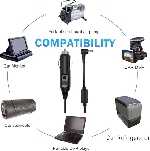 12V 24V DC Car Charger Auto Power Supply 20AWG Cable3M,DC 5.5mm x 2.1mm to Car Cigarette Lighter Male Plug Car Cigarette Lighter Cable for Car Ref...