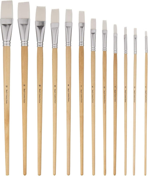 Jerry Q Art 12 PC White Synthetic Hair Flat Brush Set with Long Wood Handles for Watercolor and Acrylic JQ66051...
