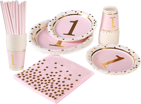 MaitianGuyou 1st Birthday Girl Decoration,Baby Shower Party Supplies Disposable Tableware Sets Includes Paper Plates Cups Straws And Napkins for B...
