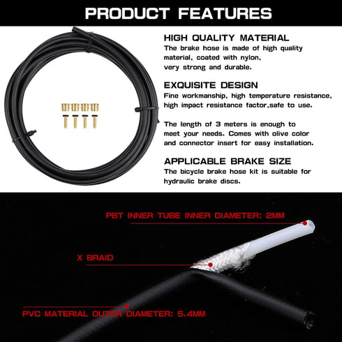 Bike Hydraulic Disc Brake Hose Kit Including 3000mm Hydraulic Brake Oil Tube 4Pcs Olive and Connector Inserts for Mountain Bike Replacement...