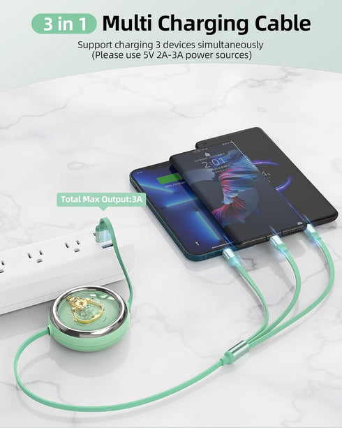 YKZ Multi Charging Cable 2Pack, 3-in-1 USB Retractable Phone Charger Cord with USB C/Micro USB/IP Port for Phones and Tablets, Perfect for Car/Tra...