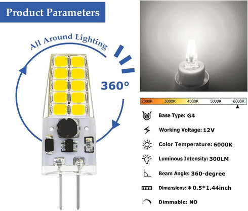 G4 LED Bulb 12V JC Tybe,20-30W T3 G4 Halogen Equivalent,6000K Daylight White,G4 Bi-Pin Base,300LM,Chandelier Lighting/Landscape Lighting, Non-dimm...